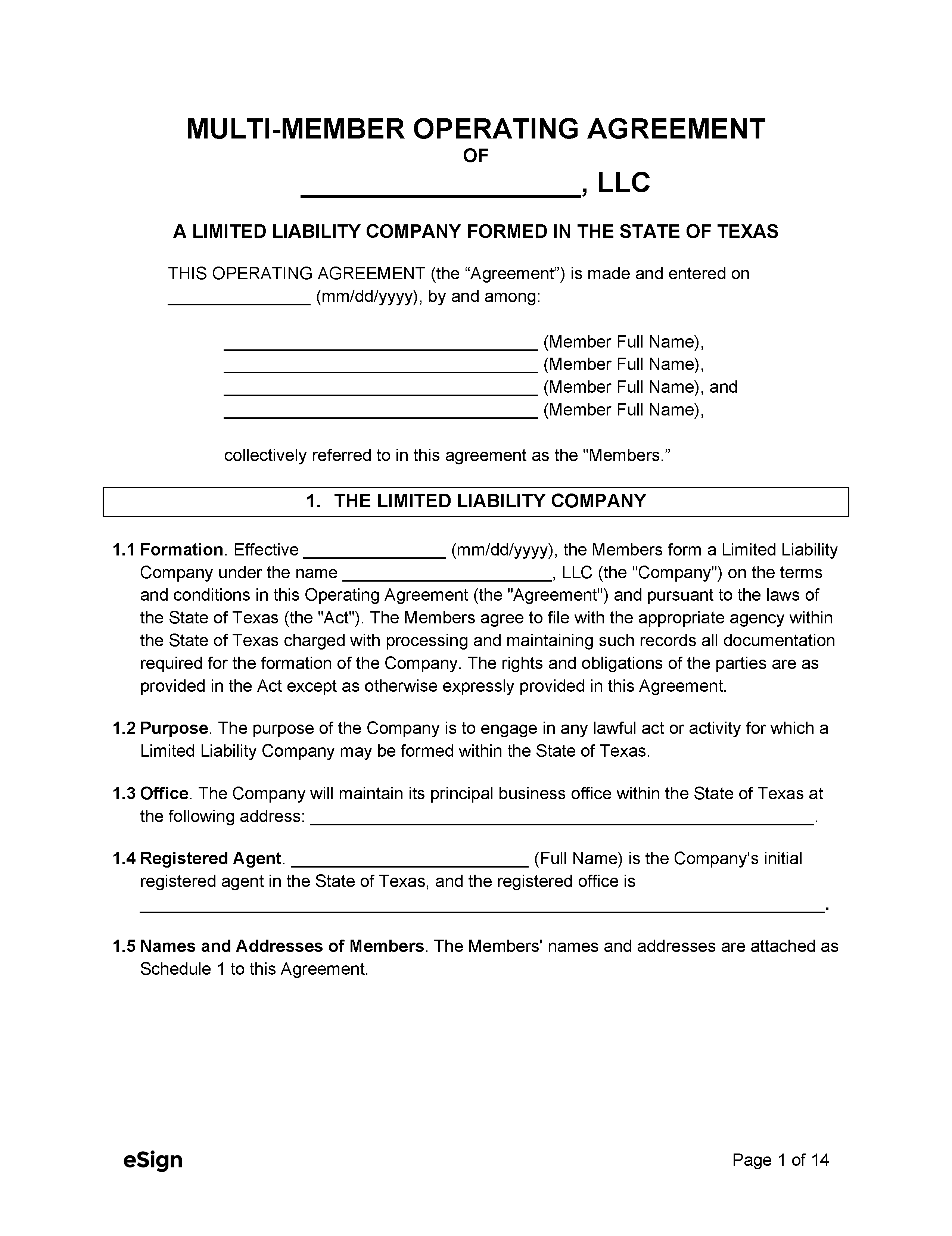 Free Texas Multi Member LLC Operating Agreement Form PDF Word