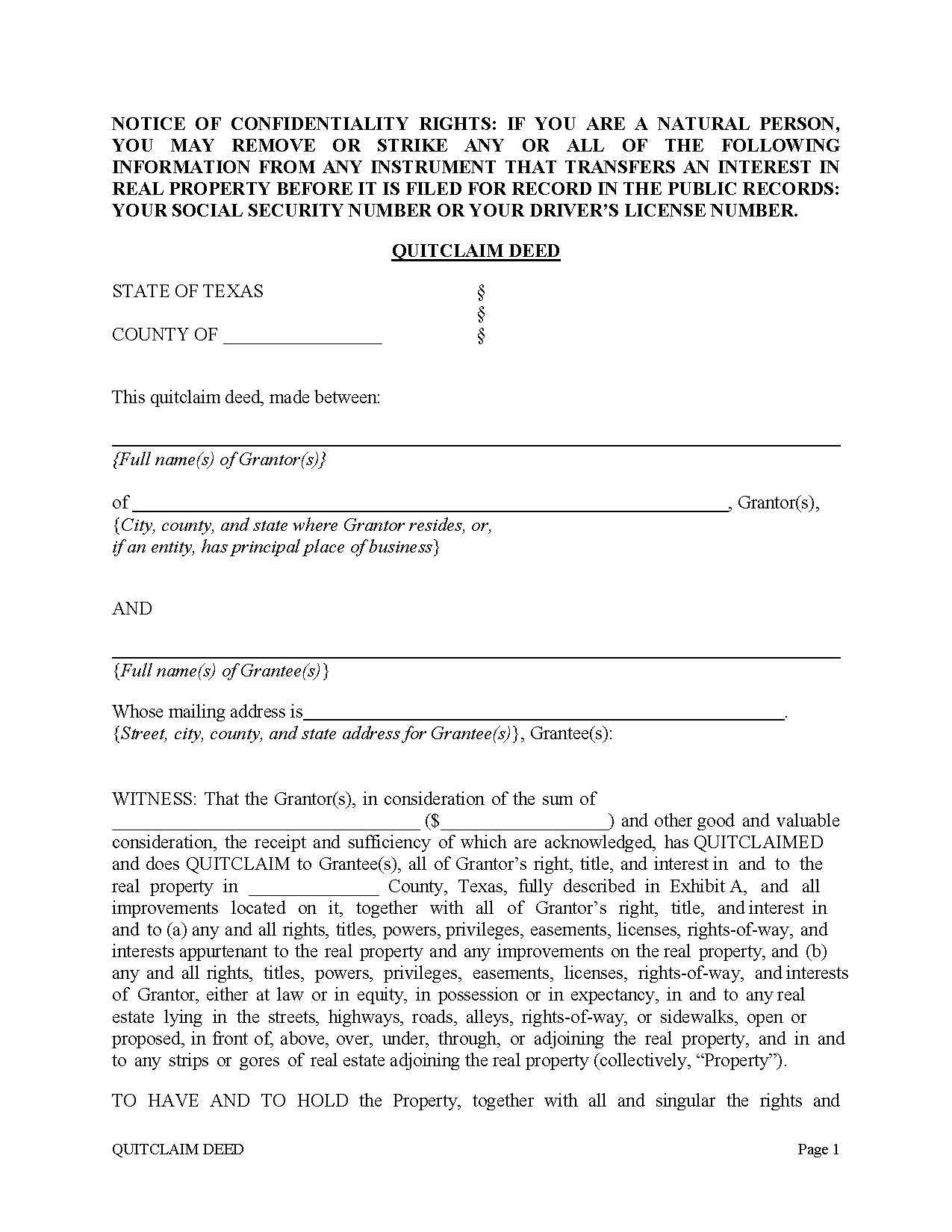 Free Texas Quit Claim Deed Form PDF