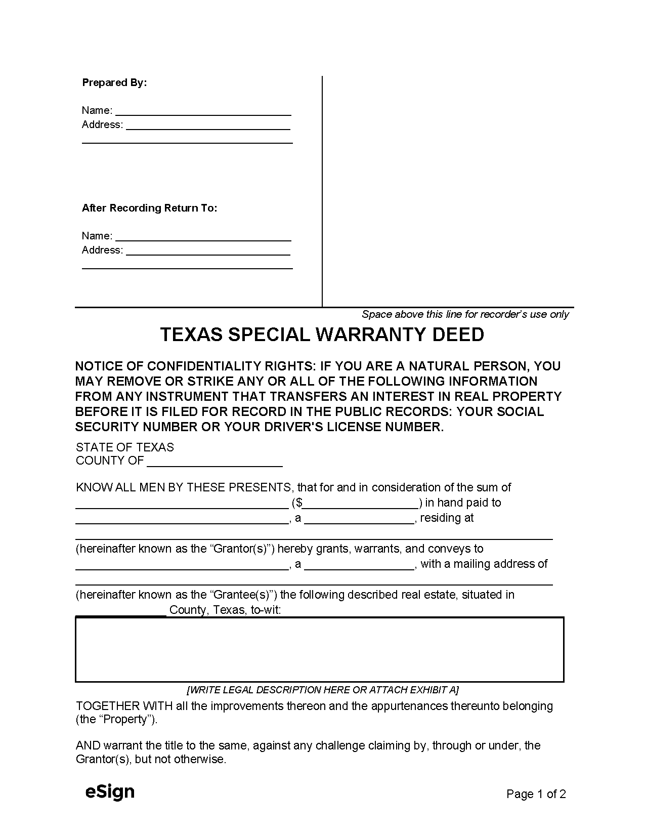 Free Texas Special Warranty Deed Form PDF Word