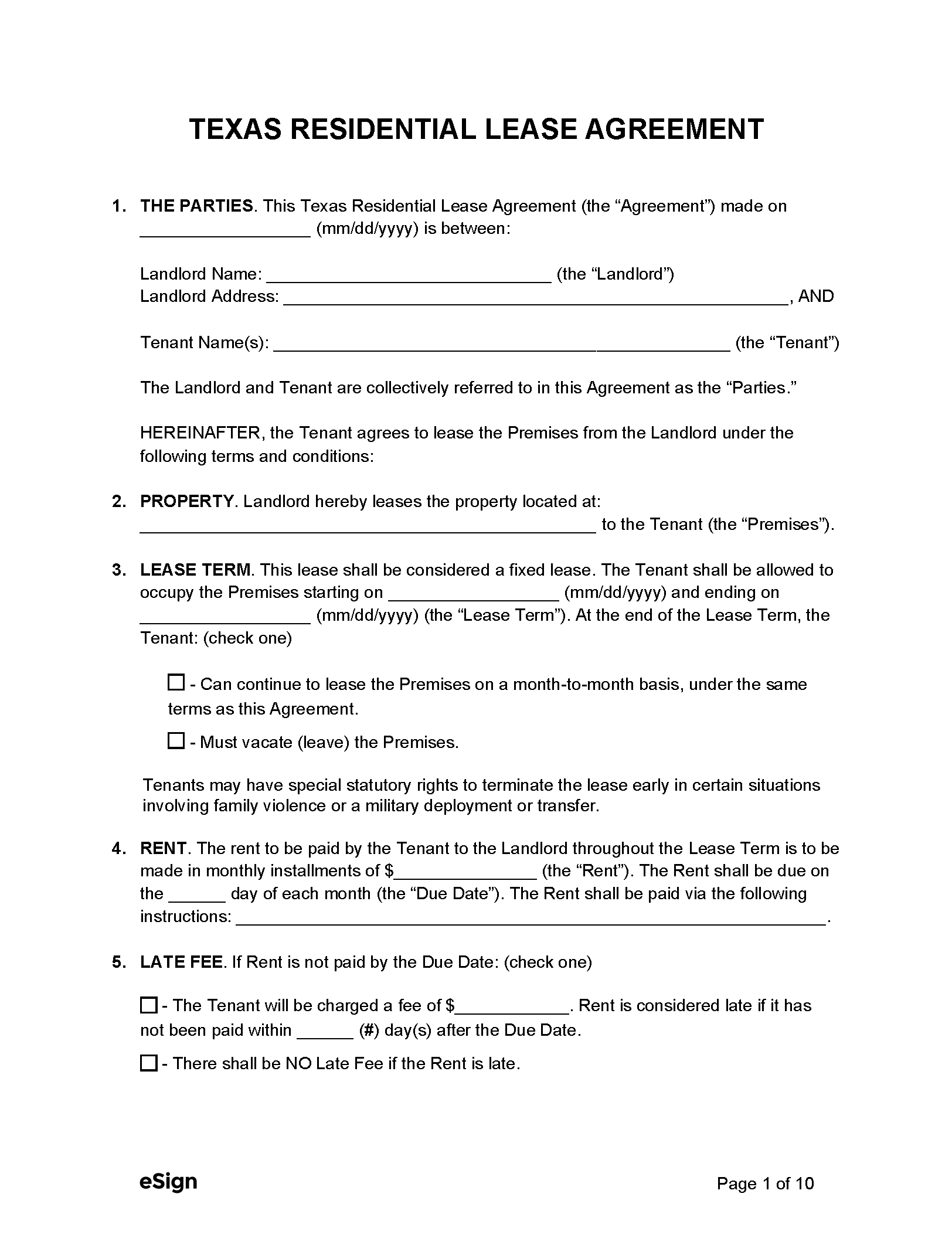 Free Texas Standard Residential Lease Agreement PDF