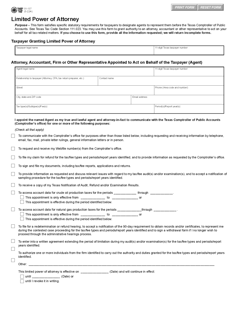 Free Texas Tax Power of Attorney (Form 01-137) | PDF