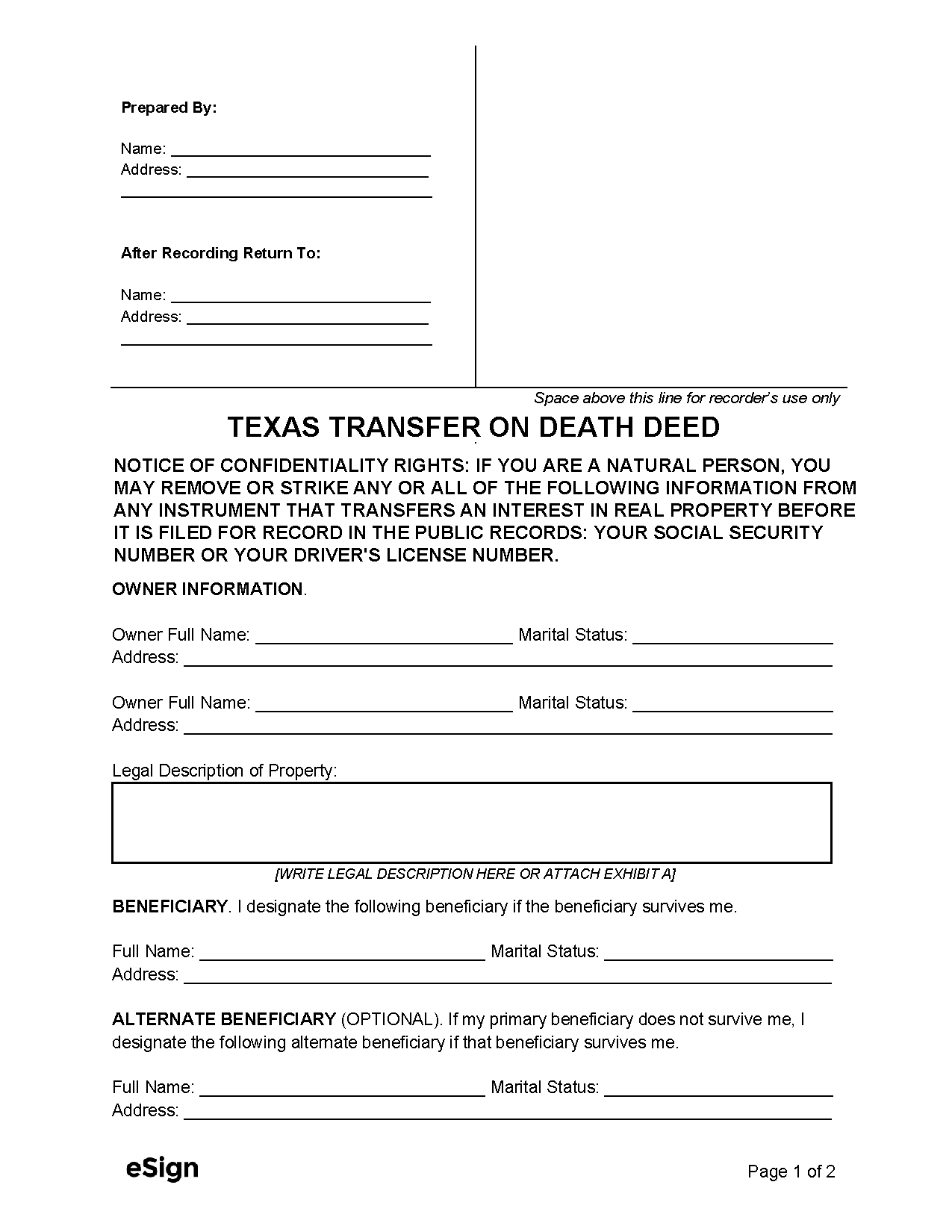 Transfer On Death Deed Texas Form 2023 Printable Forms Free Online