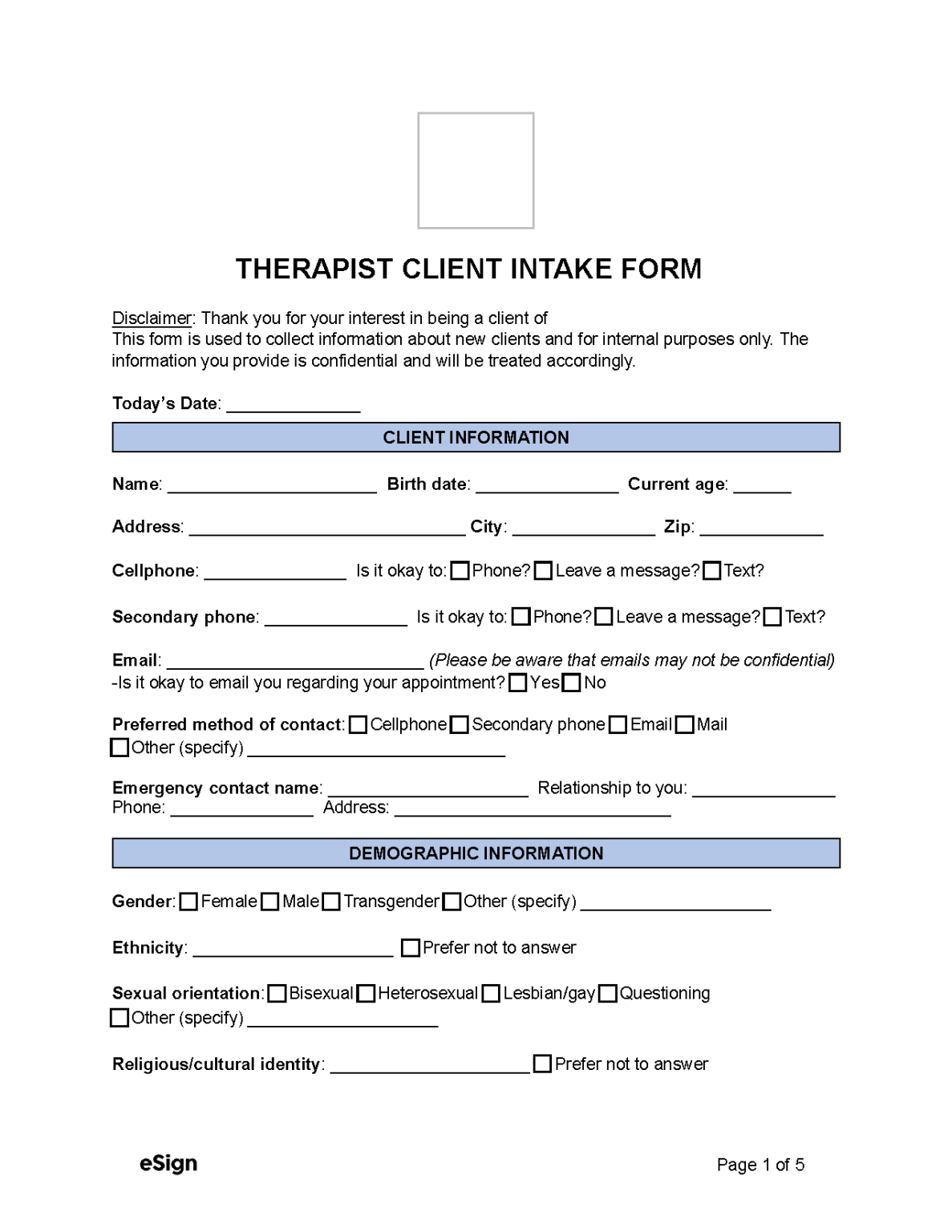 Free Therapist Client Intake Form | PDF | Word