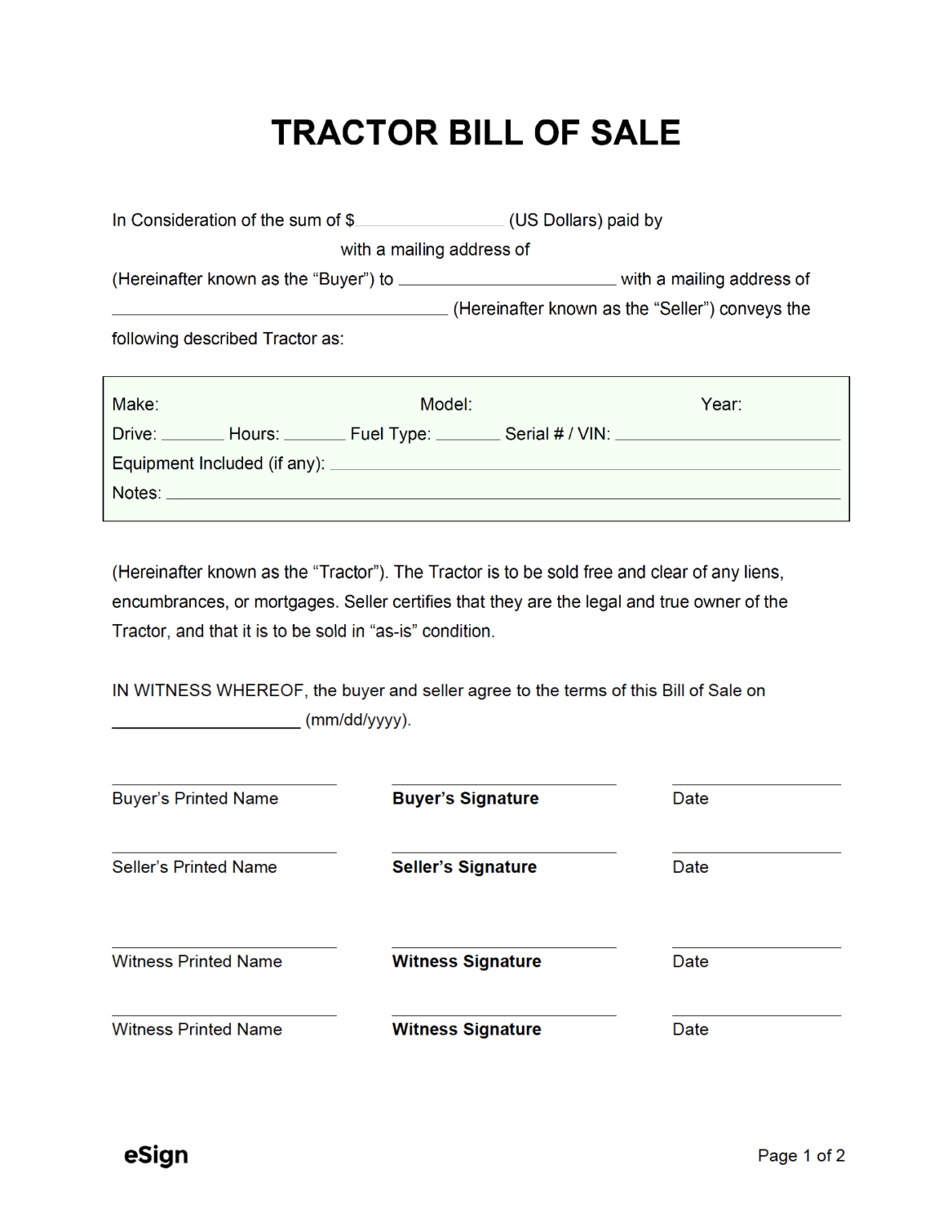 Tractor Bill Of Sale Template
