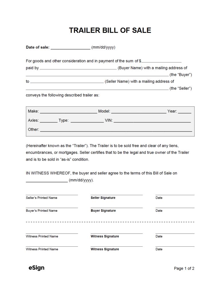 Free Trailer Bill of Sale Form | PDF | Word