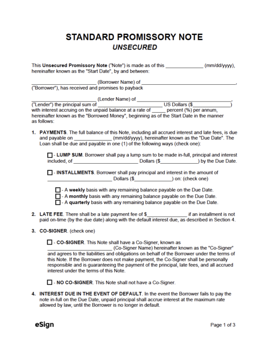 Free Unsecured Promissory Note Template PDF Word