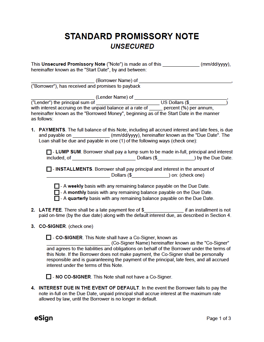 Free Unsecured Promissory Note Template - PDF  Word In Unsecured Note Template
