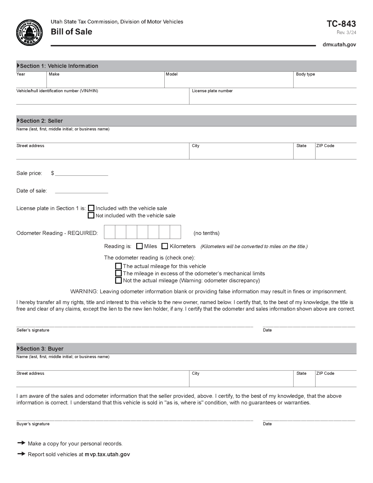 free-utah-motor-vehicle-bill-of-sale-form-pdf