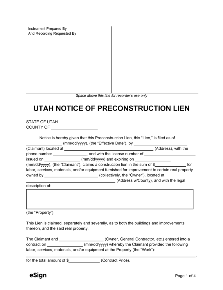 Free Utah Mechanic's Lien Form PDF Word
