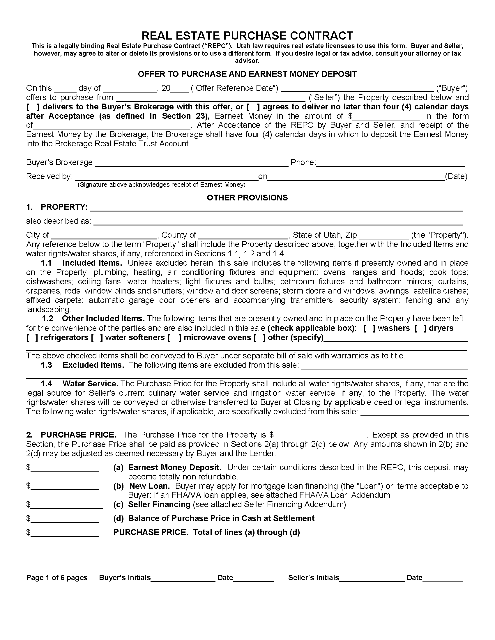 Free Utah Residential Purchase and Sale Agreement PDF Word