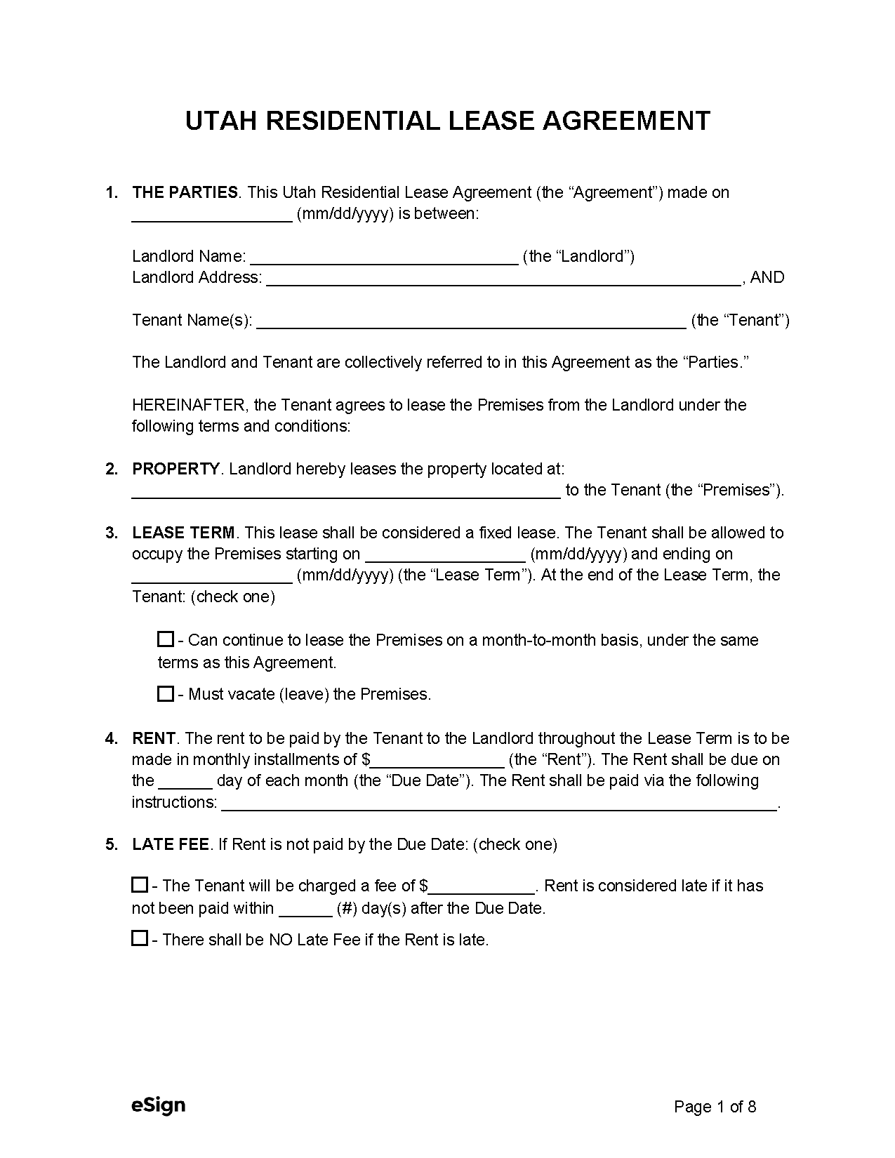 Free Utah Standard Residential Lease Agreement PDF Word