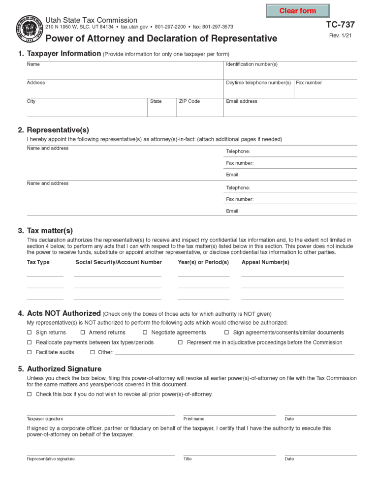 Free Utah Tax Power of Attorney (Form TC737) PDF