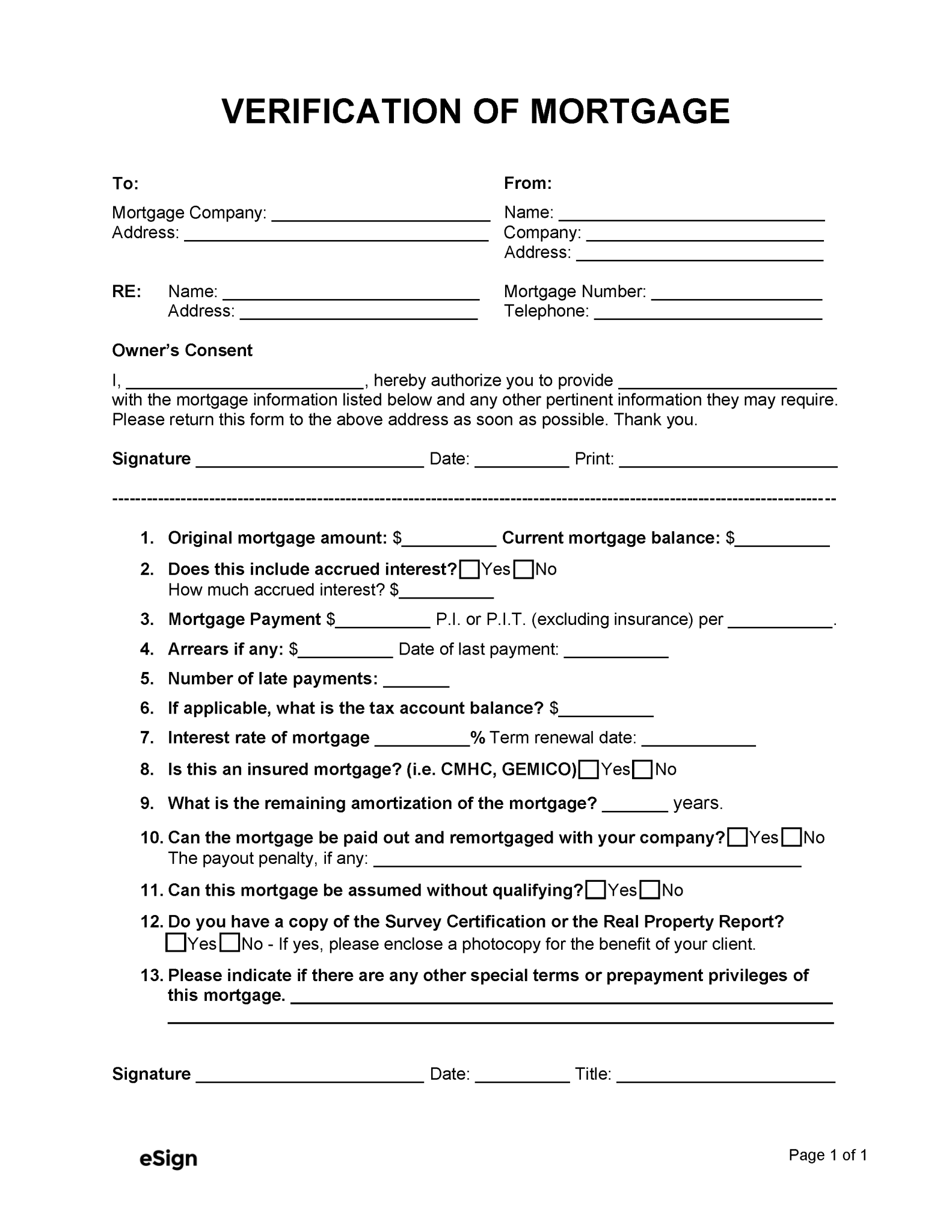 Free Verification of Mortgage Form PDF Word