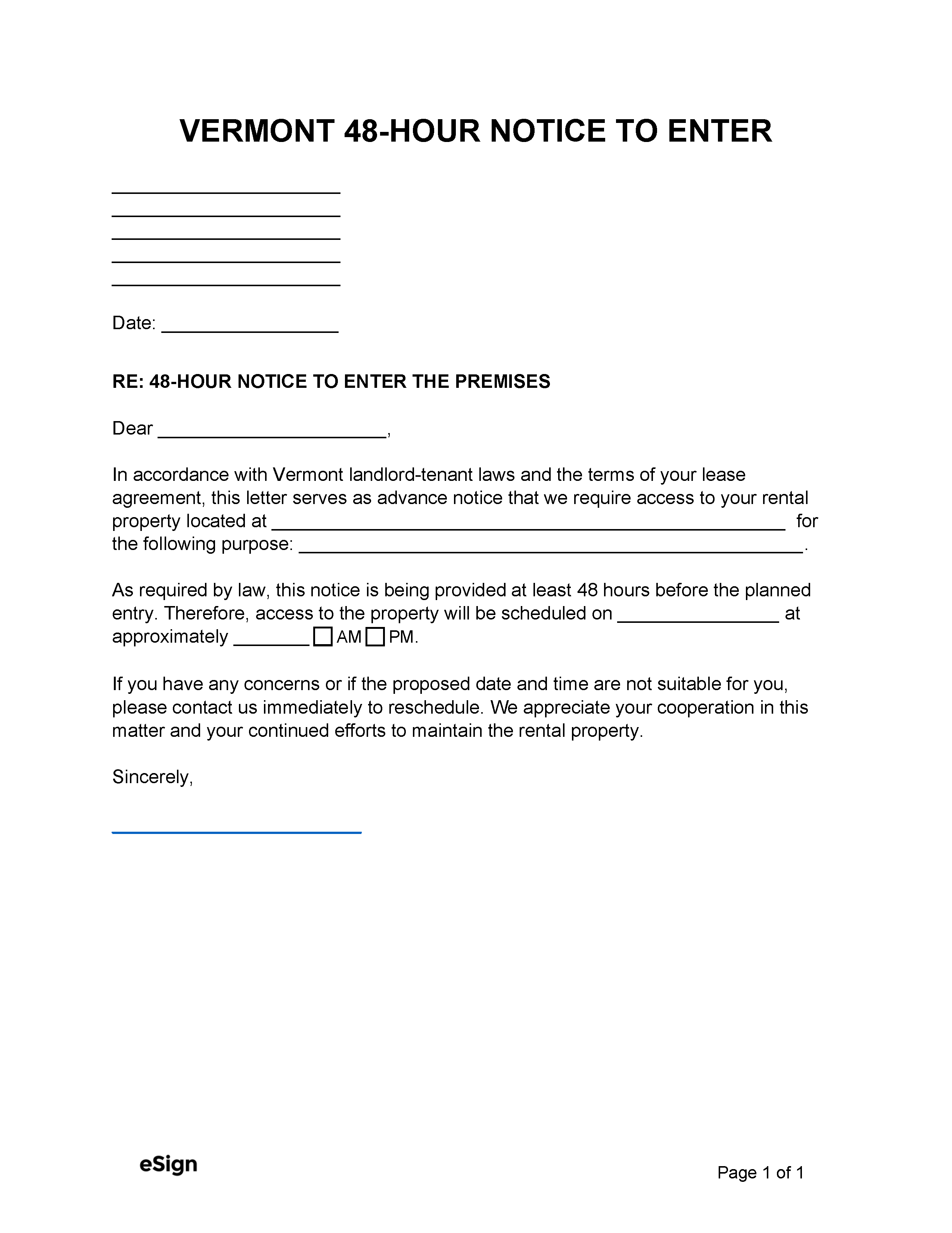 Free Vermont Landlord Notice To Enter 48 Hour PDF Word