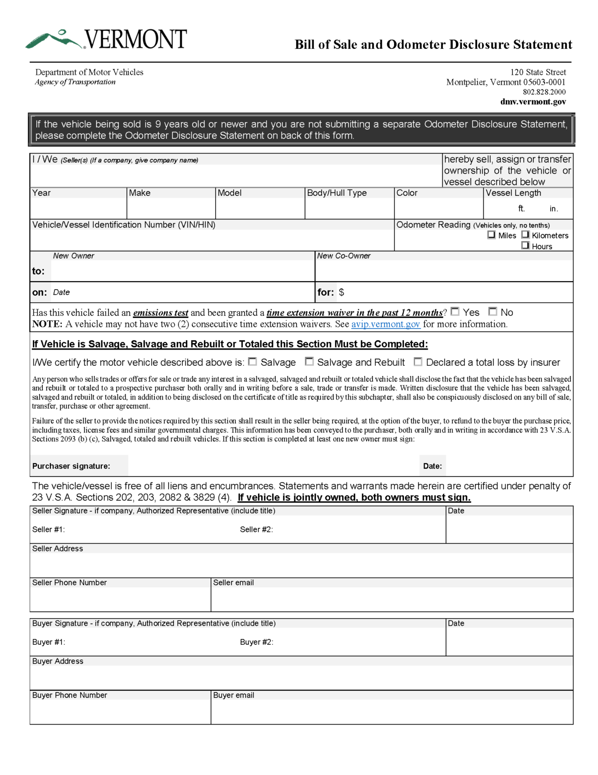 Free Vermont Bill Of Sale Forms | PDF