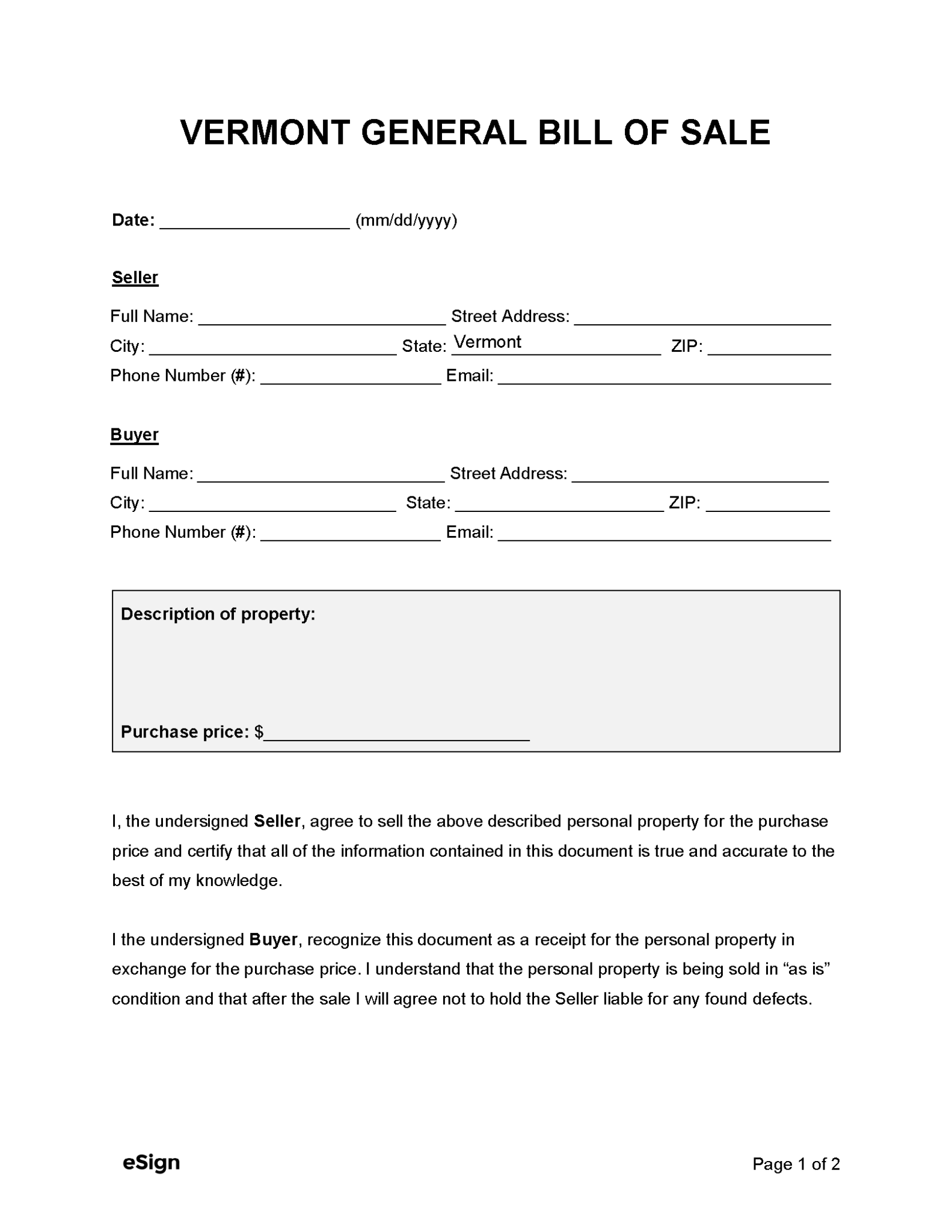 Free Vermont General Bill of Sale Form PDF Word