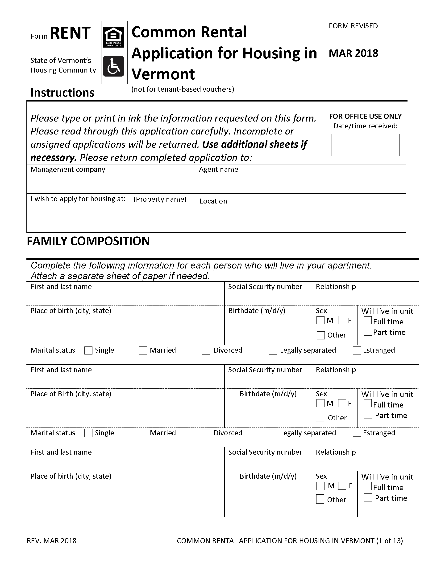 Free Vermont Rental Application Form Template PDF Word