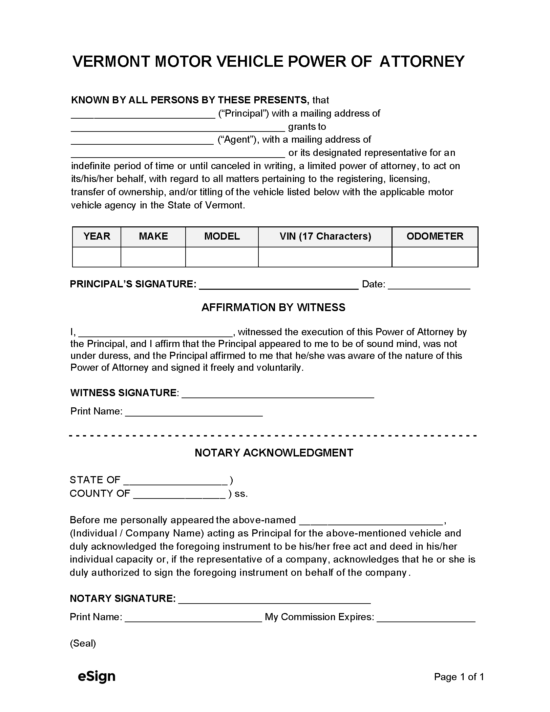 Free Vermont Motor Vehicle (DMV) Power of Attorney Form | PDF | Word