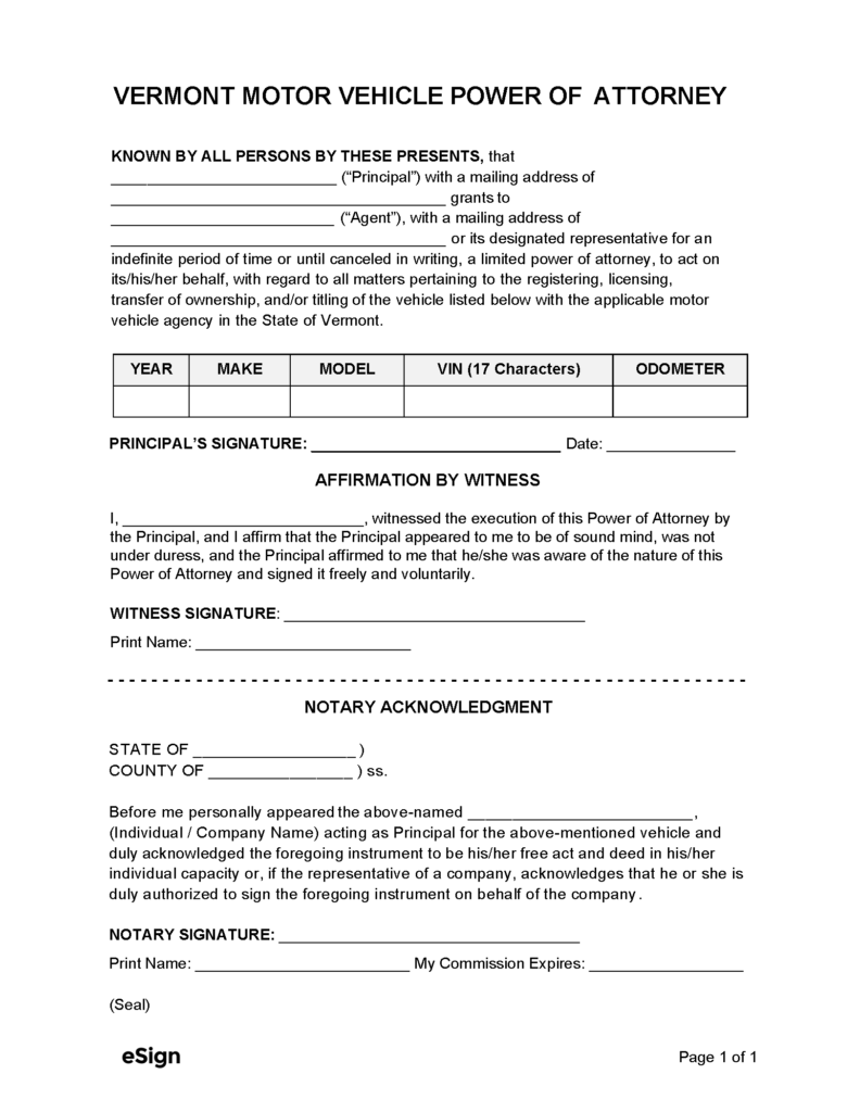 Free Vermont Motor Vehicle (DMV) Power of Attorney Form | PDF | Word