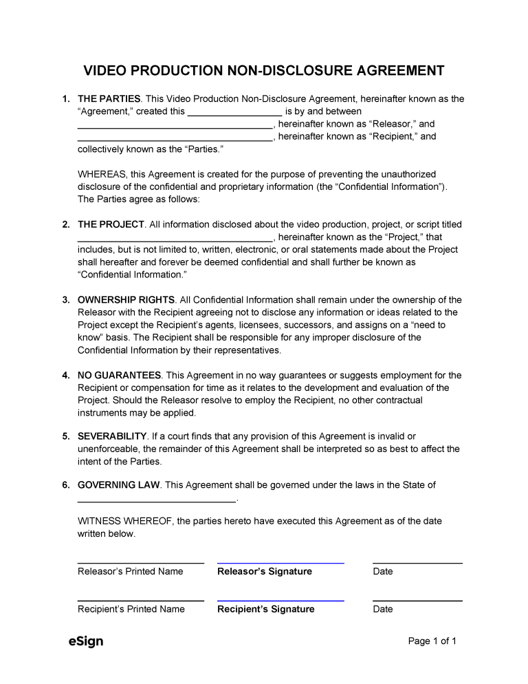 Free Non-disclosure Agreement (nda) For Video Production 