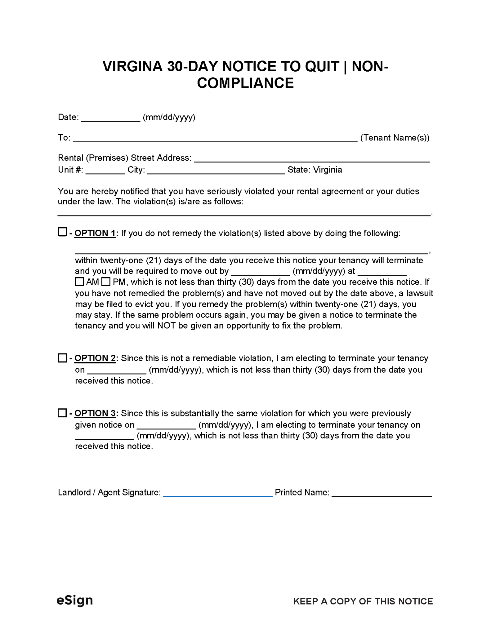 Free Virginia 30-Day Notice to Quit | Non-Compliance | PDF | Word