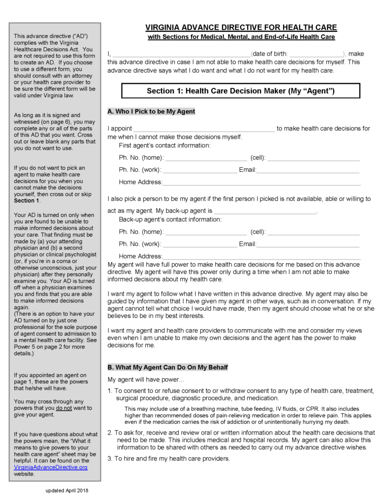 Free Virginia Advance Directive Form PDF