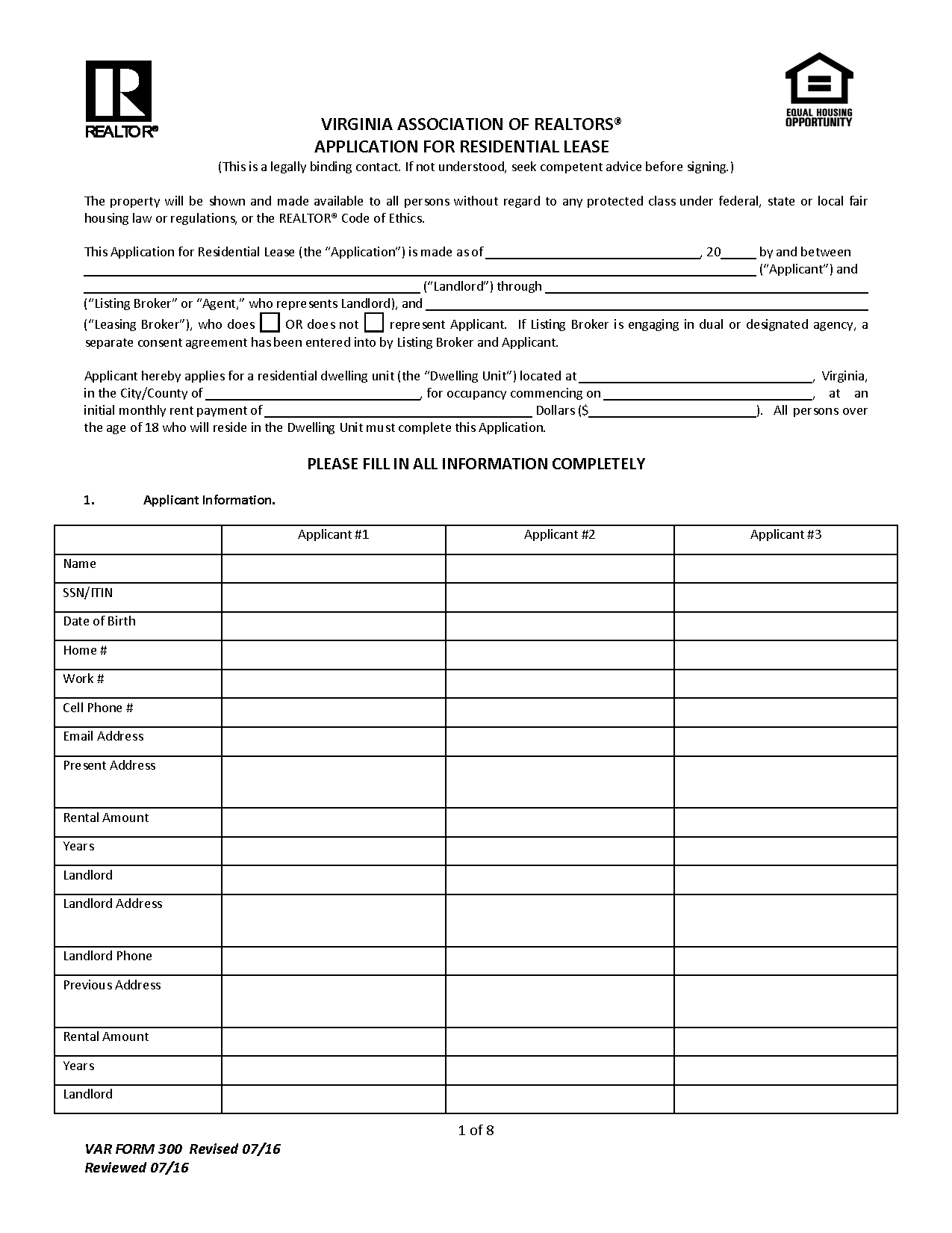 Free Virginia Rental Application Form Template PDF Word