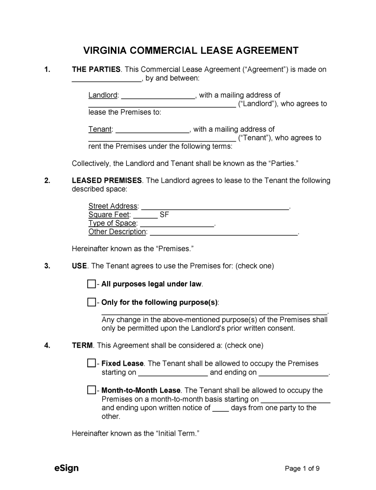 Free Virginia Commercial Lease Agreement Template | PDF | Word