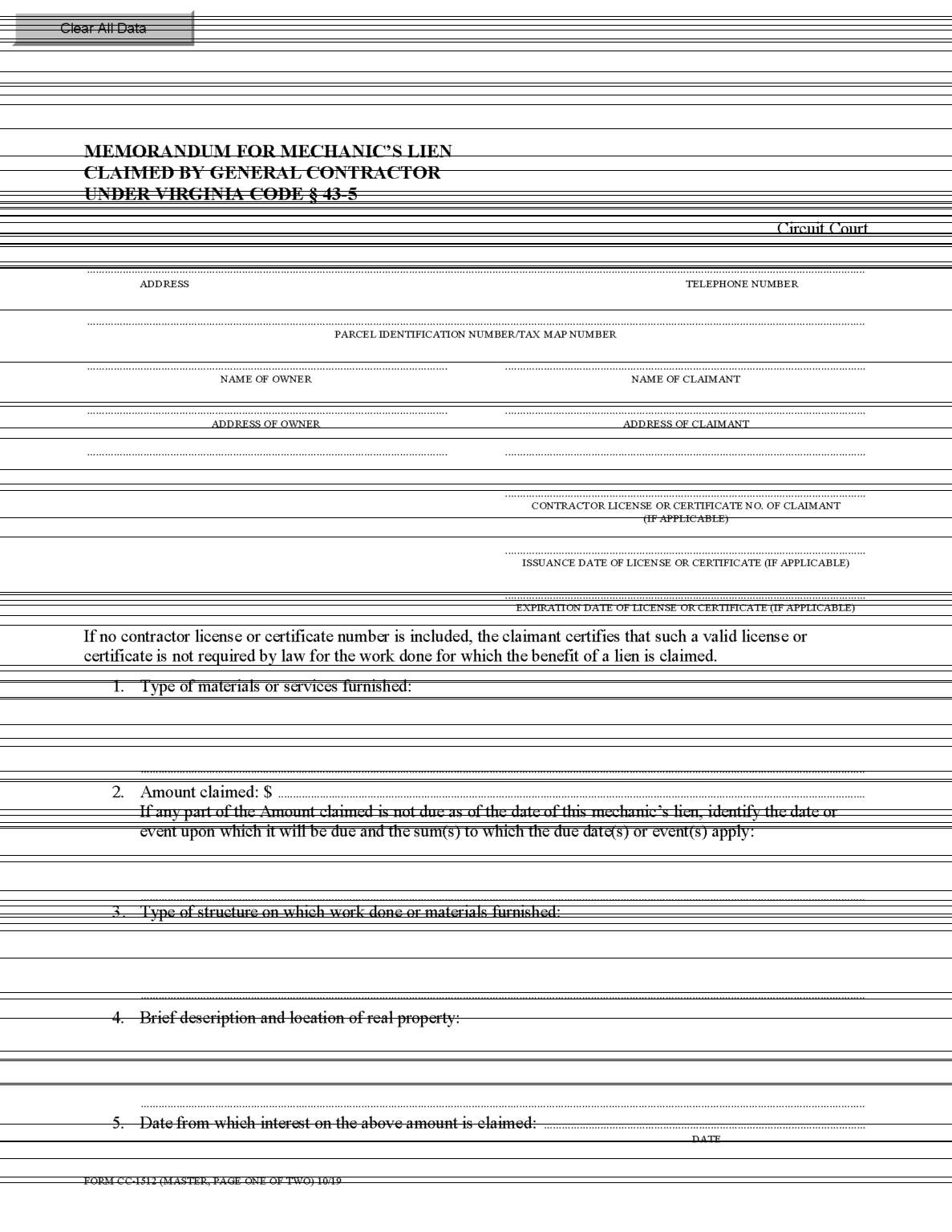 Free Virginia Mechanic's Lien Form PDF