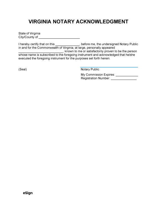 Free Virginia Notary Acknowledgment Form Pdf Word 1493