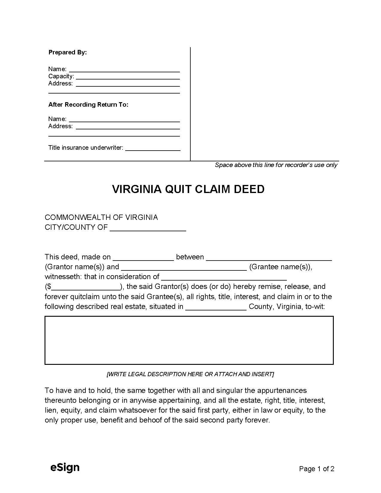Free Virginia Quit Claim Deed Form PDF Word