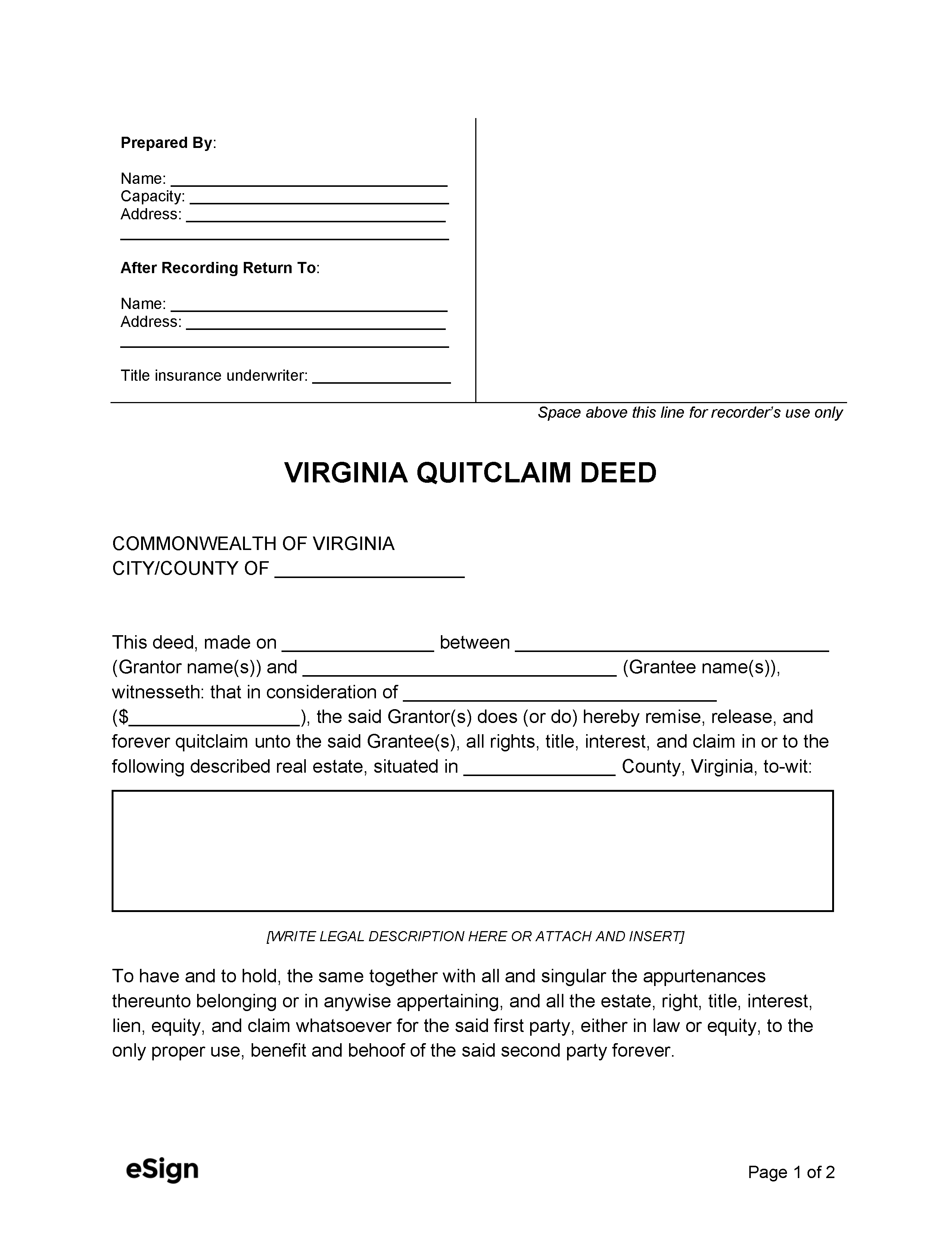 Free Virginia Quit Claim Deed Form PDF Word