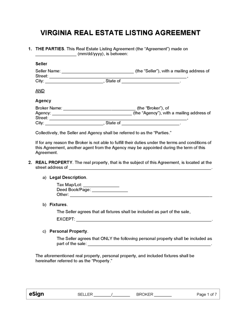 Free Virginia Real Estate Listing Agreement PDF Word