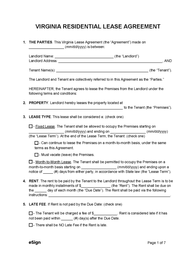 Free Virginia Rental Lease Agreement Laws PDF Word