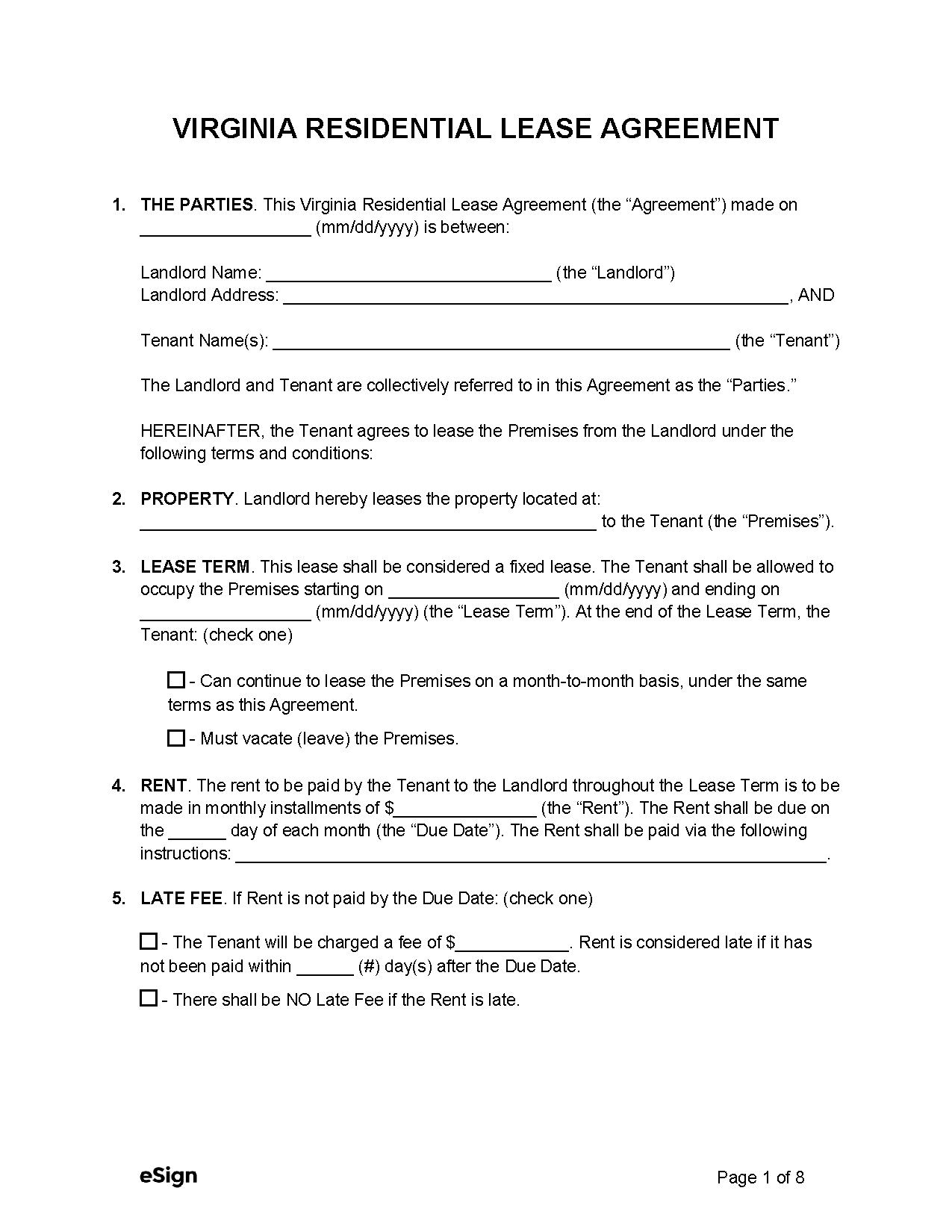 Virginia Standard Residential Lease Agreement Printable Form