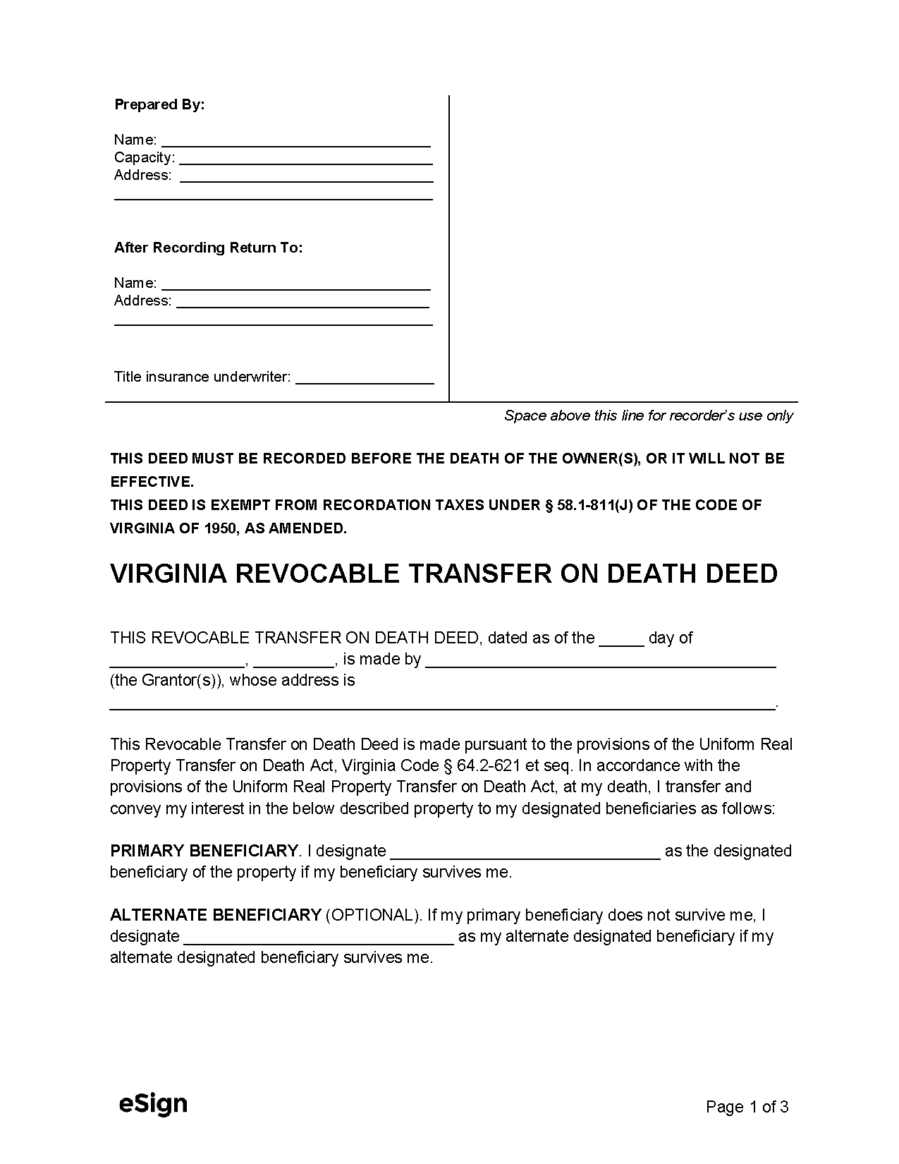 Free Virginia Transfer On Death Form PDF Word