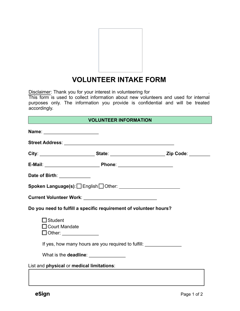 Free Volunteer Intake Form PDF Word