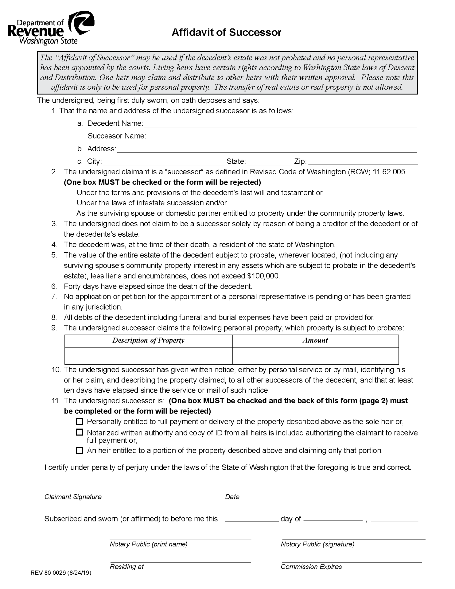 Free Washington Small Estate Affidavit Form PDF   Washington Affidavit Of Successor 1583x2048 