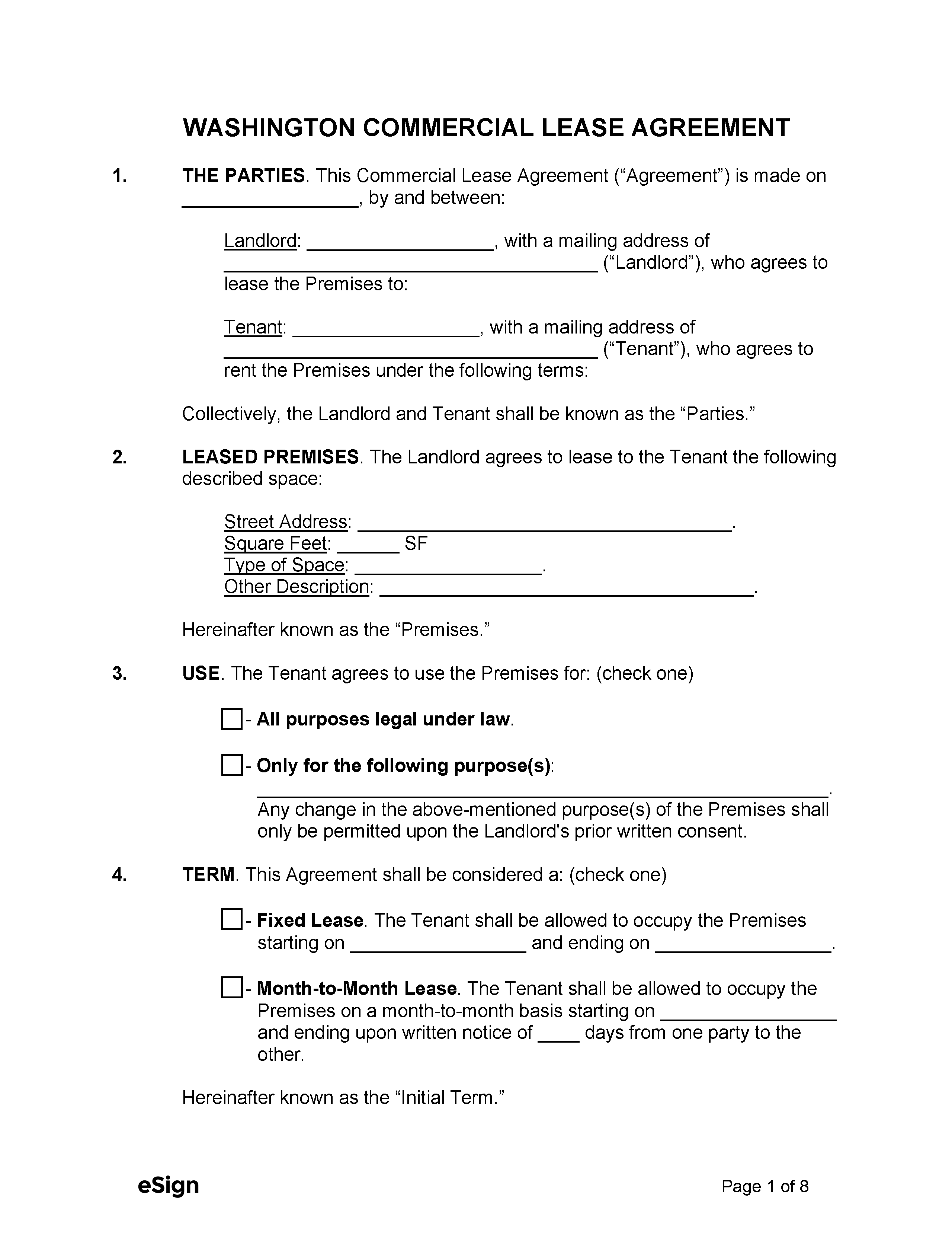 Free Washington Commercial Lease Agreement PDF Word