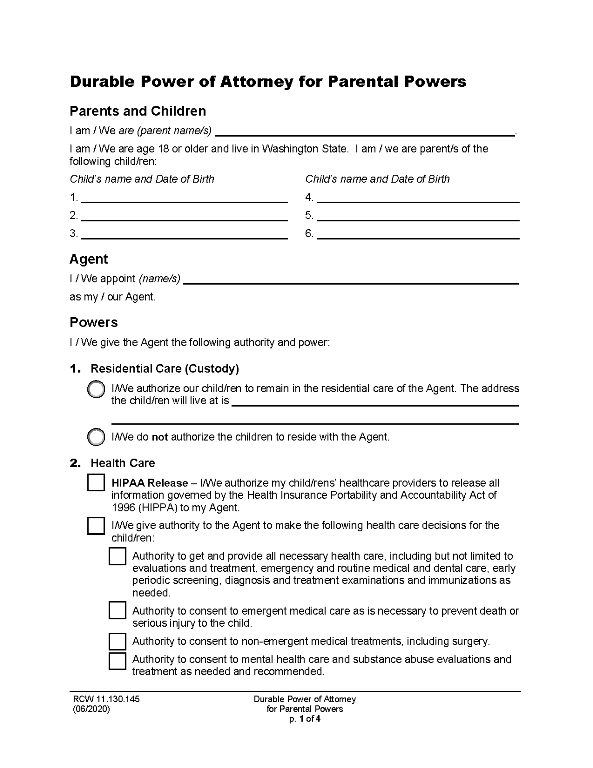 Free Washington Minor (Child) Power of Attorney PDF
