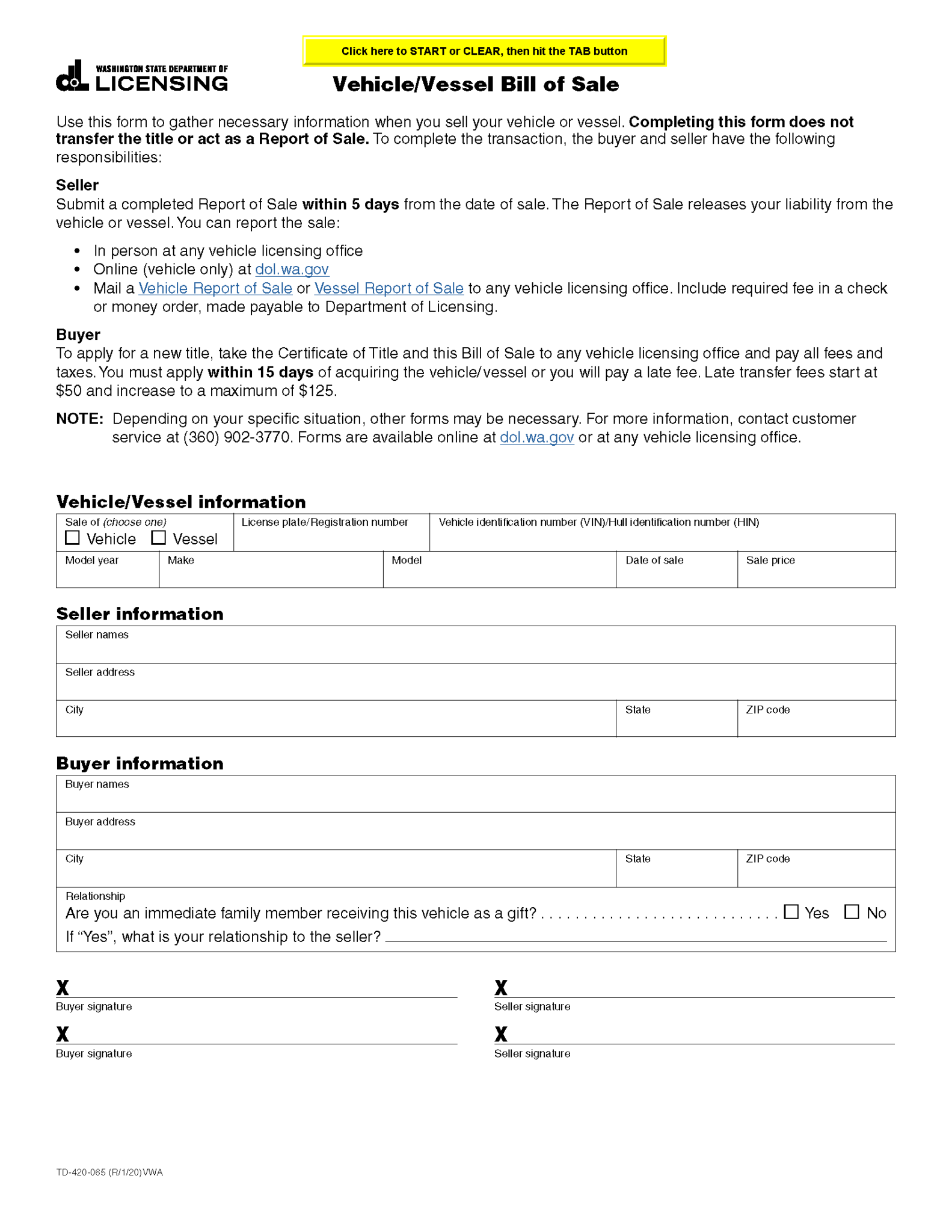 wa vehicle bill of sale