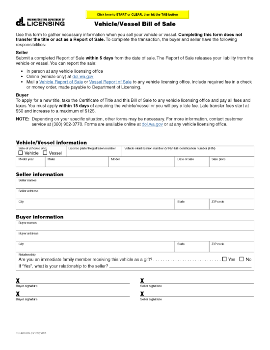 Washington Notarized Bill of Sale Template - Download in Word