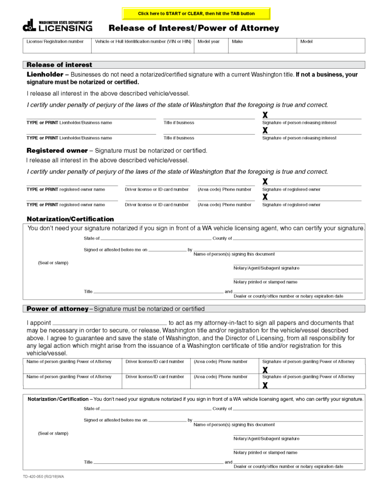 Free Washington Motor Vehicle Power Of Attorney Form Td 420 050 Pdf 1539