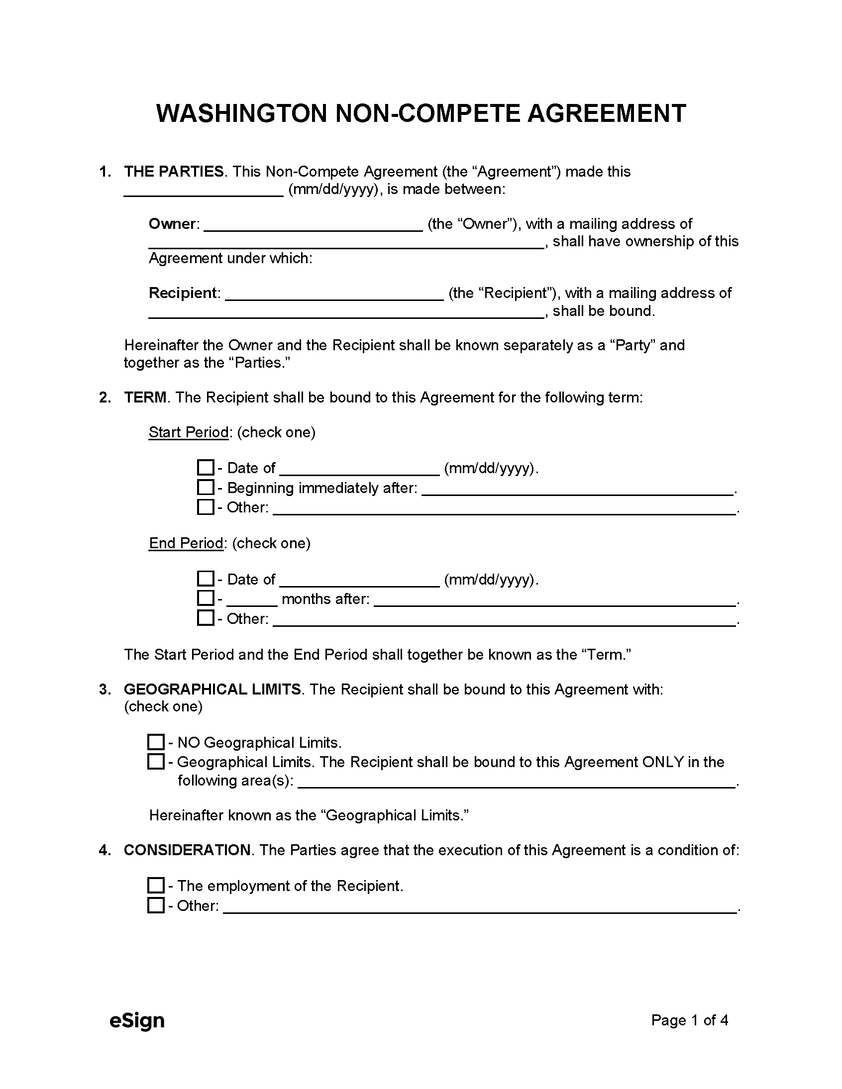 Free Washington Non Compete Agreement Template PDF Word