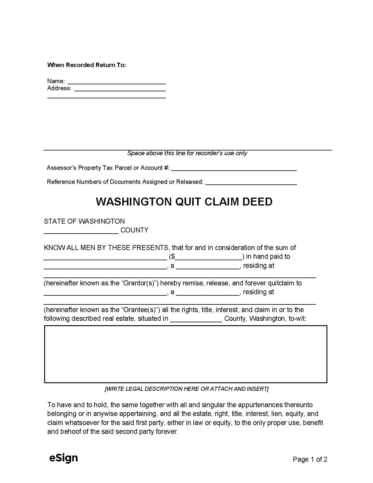 Free Washington Quit Claim Deed Form PDF Word