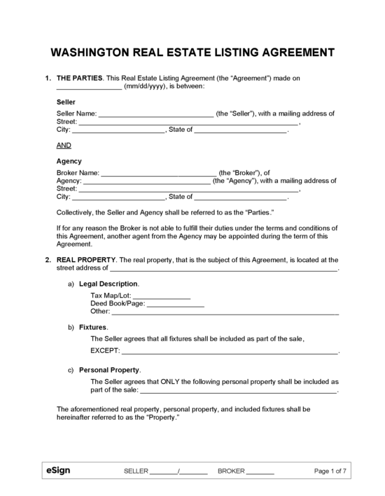 Free Washington Real Estate Listing Agreement PDF Word