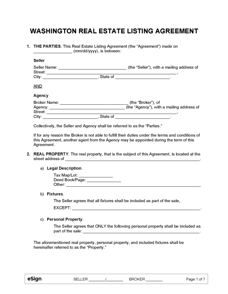 Free Washington Real Estate Listing Agreement | PDF | Word