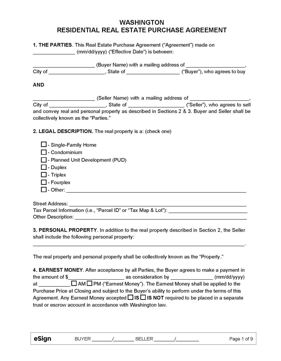 Free washington residential purchase and sale agreement pdf word