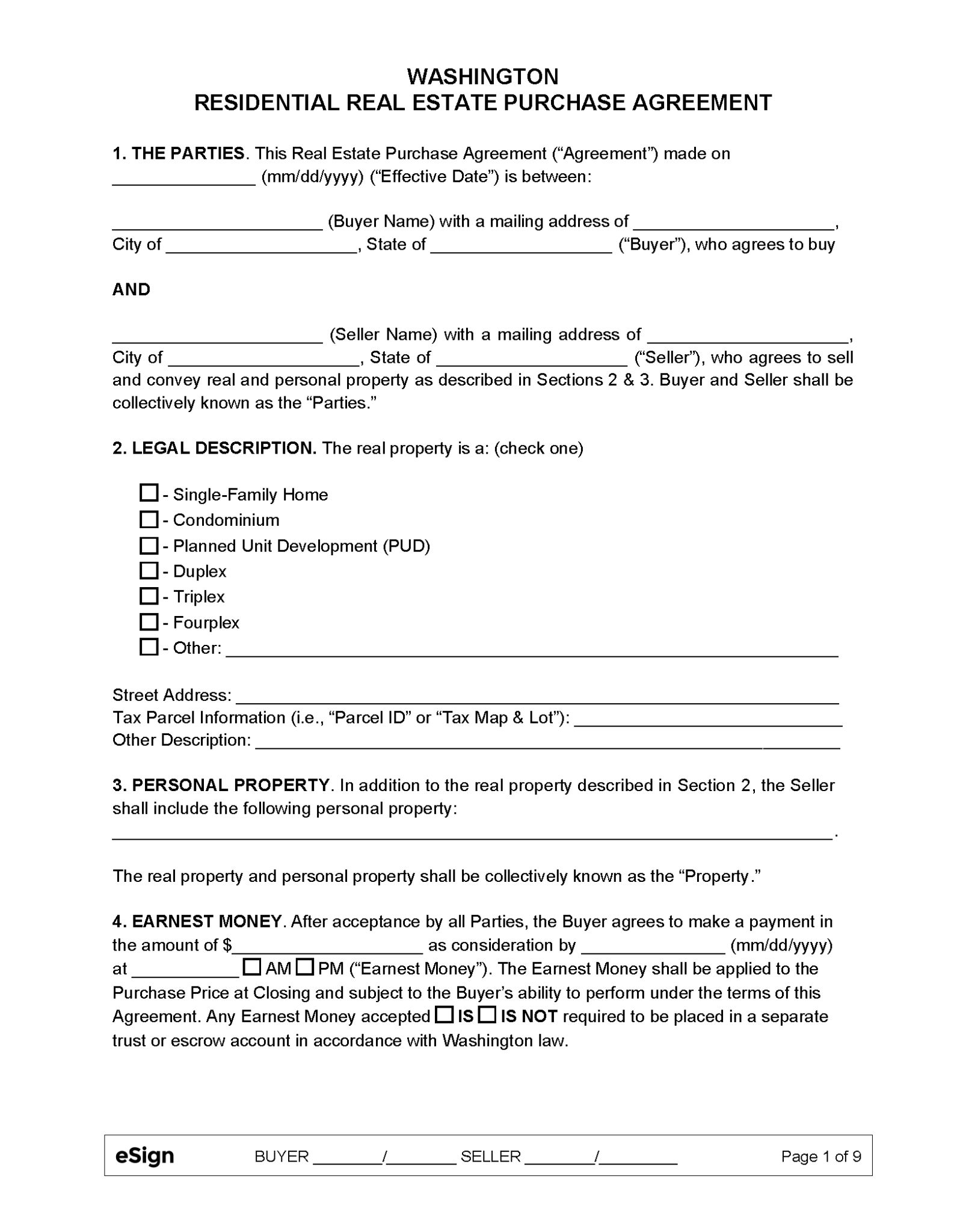 Free Washington Residential Purchase and Sale Agreement PDF Word