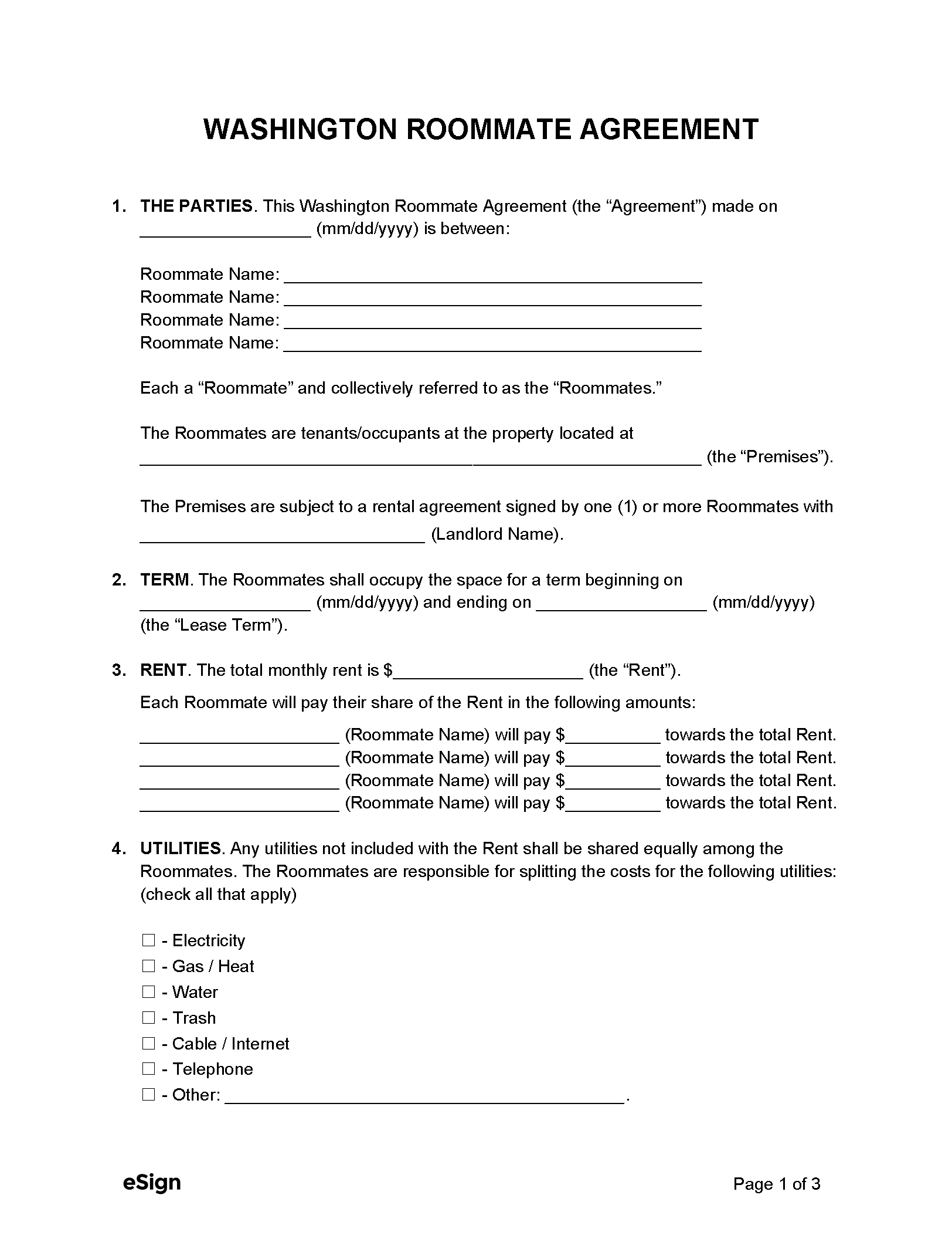 Free Washington Roommate Agreement Template - PDF  Word